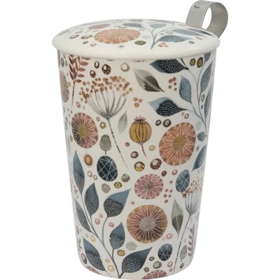 Afbeelding van Eigenart TeaEve &quot;Linnea&quot; theebeker 350ml dubbelwandig theezeefje voor losse thee wit bloemen