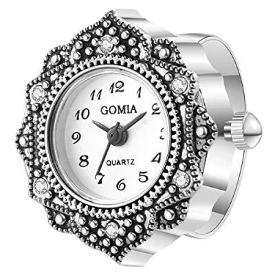 Afbeelding van JewelryWe Nieuwigheid Vinger Horloge Klassieke Goud Verzilverd Ronde Dial Quartz Ringen Verstelbare Rhinetsone Ring Horloge, voor Moederdag, Zilver wit, Klassiek