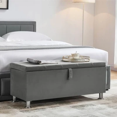 Afbeelding van Vida Designs Valencia Ottoman, stoffen deksel, zitting, kruk, raambank, borst, speelgoed opbergdoos, poeffee, voetenbank, lichtgrijs fluweel