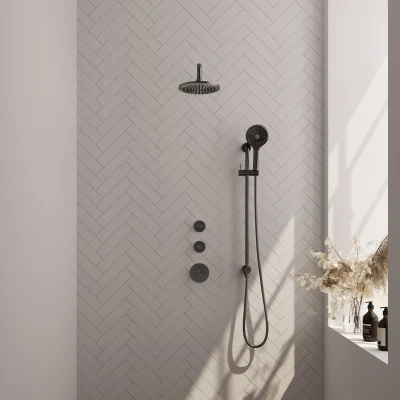 Afbeelding van Brauer Gunmetal Edition Regendouchesets inbouw hoofddouche 20cm Wandarm glijstang met inbouwdeel Gladde knoppen handdouche Rond 1 stand