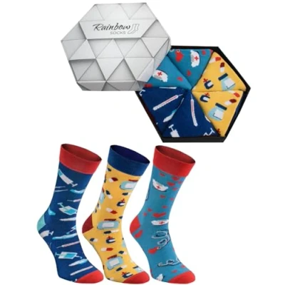 Afbeelding van Rainbow Socks Vrouw Man Grappige Sokken Cadeaudoos voor Verpleegkundigen 3 Paar Thermometer Tabletten Hoed Verpleegster Maat EU 36 40