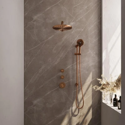 Afbeelding van Brauer Copper Edition Regendoucheset inbouw hoofddouche 30cm 3 gladde knoppen rechte wandarm glijstang handdouche rond standen PVD