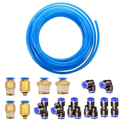 Afbeelding van HUAZIZ pneumatische PU slang, 10 meter, polyurethaanslang, flexibele persluchtslang, uitwendig 8 mm, inwendig 5 blauw, met stuks 4 mm verbindingsstukken, Air Push snelkoppelingen (Y /T/L/I vorm)
