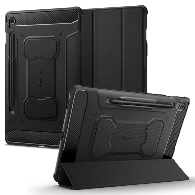 Afbeelding van Samsung Galaxy Tab S9 FE Hoes: Spigen Rugged Armor Pro Bookcase Shockproof/Valbescherming Black Kunstleder Tablet Hoezen