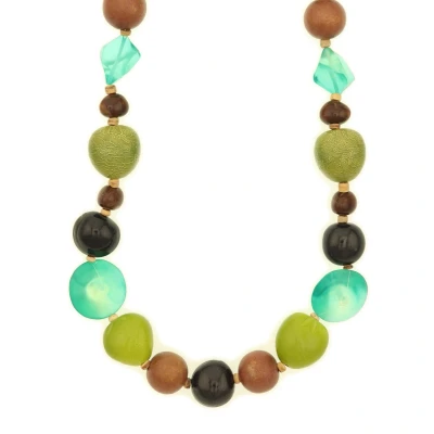 Afbeelding van Behave Lange ketting met bewerkte multi color kralen groen bruin
