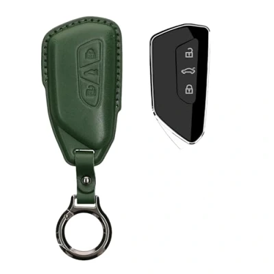 Afbeelding van kwmobile leren autosleutel hoesje geschikt voor VW Golf 8 3 knops Als sleutelhanger met sleutelring Echt leer in donkergroen