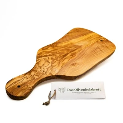 Afbeelding van DAS OLIVENHOLZBRETT® Snijplank van olijfhout, ontbijtplank met handvat in natuurlijke snit ca. 40 cm