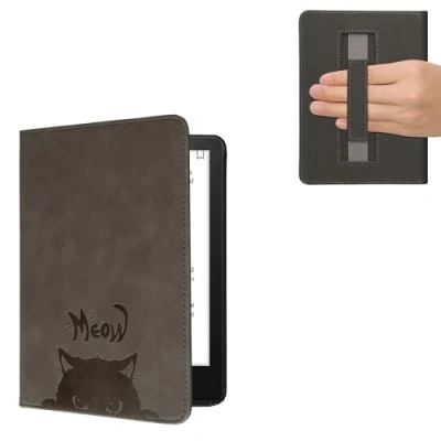 Afbeelding van kwmobile ereader hoesje van kunstleer geschikt voor Amazon Kindle Paperwhite 11. Generation 2021 Met magneetsluiting In grijs / zwart Kat Meow design