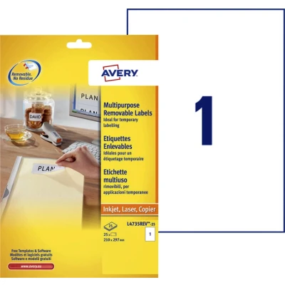 Afbeelding van Etiket Avery L4735REV 25 210x297mm A4 afneembaar wit 25stuks