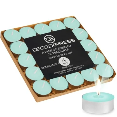 Afbeelding van DECO EXPRESS Theelichtkaarsen Multipack van 200, 100, 50, 25 of 24, brandtijd 4, 8 10 uur theelichtjes kaarsen (koele eucalyptus 25/4 uur)