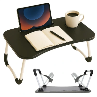 Afbeelding van Cheqo® Opklapbare Laptoptafel Ontbijt op Bed Tafel Bedtafel met Tablethouder Bank Tafeltje Ontbijttafeltje Banktafel Zwart