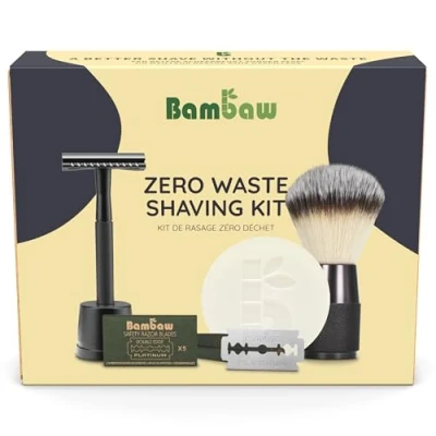Afbeelding van Bambaw Duurzame scheerset voor mannen, inclusief 1 zwart veiligheidsscheermes met standaard, 15 mesjes, parfumvrije scheerzeep &amp; zwarte scheerkwast, unieke geschenkset mannen