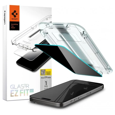 Afbeelding van Spigen Privacy Glass Geschikt voor Apple iPhone 15 Pro EZ Fit GLAS.tR 9H Tempered Screen Protector Case Friendly Gemakkelijke Installatie 1 Pack