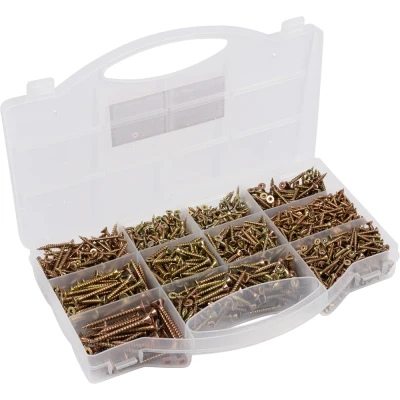 Afbeelding van Connex DP8500132 Universele Schroeven Assortiment 1700 delig Diverse maten Verzonken kop TX Torx aandrijving Volledige schroefdraad Geel verzinkt Set Assortimentdoos ,transparant