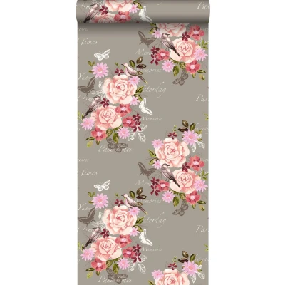 Afbeelding van Leen Bakker ESTAhome Behang Bloemen En Vogels Sepia 53cm X 10,05 M Bruin Vlies
