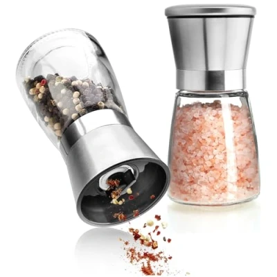 Afbeelding van COM FOUR® 2 delige zout en pepermolenset van glas roestvrij staal met keramische molen elegante keukenaccessoires moderne kruidenmolen rasp (02 stuks deksel)