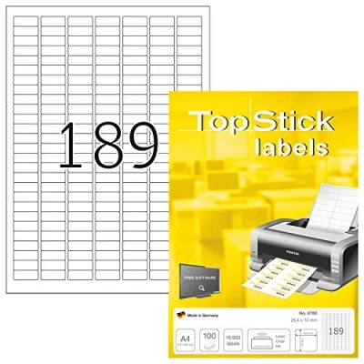Afbeelding van TopStick 8780 universele etiketten A4 mini (25,4 x 10 mm, 100 velle, papier, mat) zelfklevend, bedrukbaar, permanente klevende adreslabels, 18.900 voor printer, wit