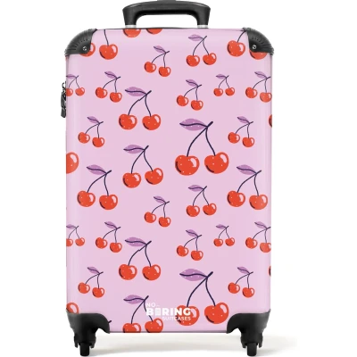 Afbeelding van NoBoringSuitcases.com® Handbagage koffer lichtgewicht Reiskoffer trolley Paars met rode kersen Rolkoffer wieltjes Past binnen 55x40x20 en 55x35x25