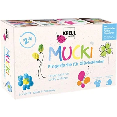 Afbeelding van Vingerverf Gelukskleuren Geel, Roze, Blauw, Groen, Oranje, Zilver Kreul Mucki 6x50ml