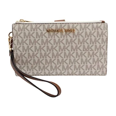 Afbeelding van Michael Kors Jet Set Travel Double Zip Wristlet Signature PVC (Vanilla PVC/Dark Acorn)