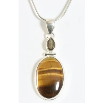 Afbeelding van Zilveren hanger met rookkwarts en tijgeroog aan ketting
