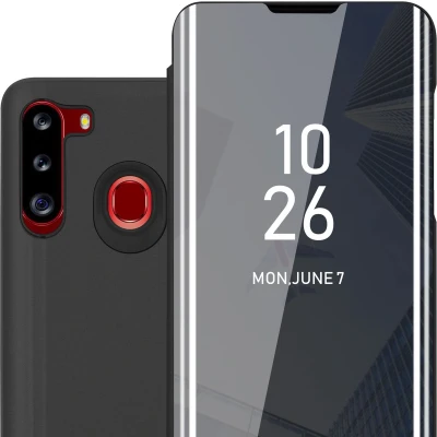 Afbeelding van Cadorabo Hoesje geschikt voor Samsung Galaxy A21 in TOERMALIJN ZWART Clear View Spiegel Beschermende Case met Tribunefunctie 360 Graden Bescherming Book Cover Etui