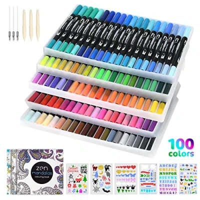 Afbeelding van Vicloon Penseelstiftenset, 100 kleuren penseelstiftenset met 3 sets reserve navullingen, viltstiftpunt en fineliner punt, inkt op waterbasis, dubbele viltstiften voor tekenen, aquarel, kalligrafie