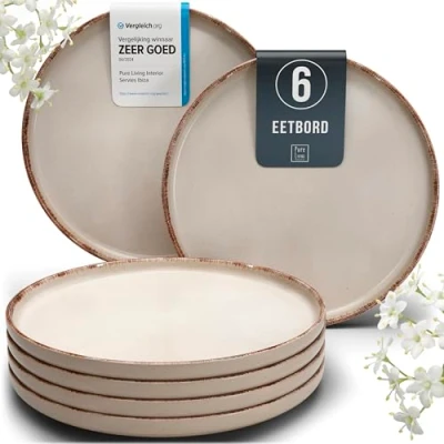 Afbeelding van 6x Grote Steengoed Dinerborden Rustiek Moderne Serviesborden Vaatwasserbestendig Stijlvol Serviesset voor 6 Personen Serviesgoed Personen, Borden, Servies Set Pure Living in Beige