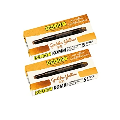Afbeelding van ONLINE Golden Yellow combi inktpatronen met gouden glans, 10 x patronen, compatibel alle gangbare vulpennen, ook Lamy, inkt voor kalligrafie, handbelettering op licht papier