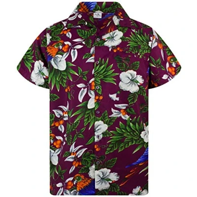 Afbeelding van Funky Hawaiiaans Overhemd, Hawaii Korte Mouw, Cherryparrot, Kastanjebruin Rood, XXL