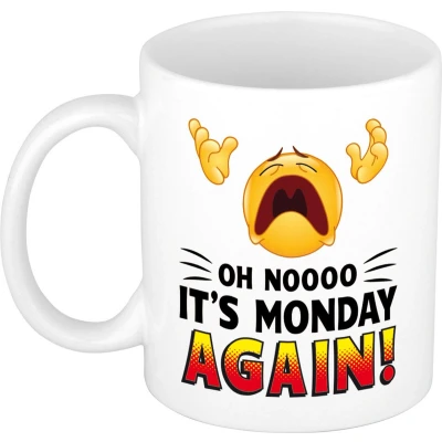 Afbeelding van Oh no its Monday again cadeau mok / beker wit met smiley kado collega feest mokken