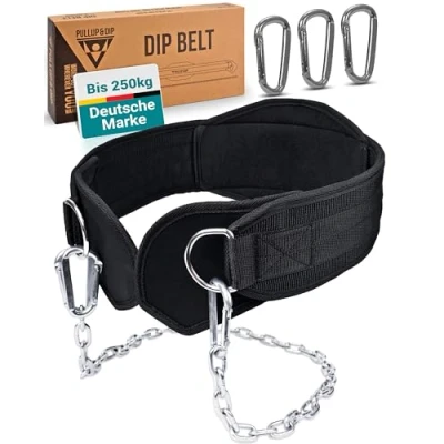 Afbeelding van PULLUP &amp; Dip Riem met Ketting en 3x Karabijnhaken, incl. Neopreen Flappen als Kledingbescherming, Gewichthefriem, Verzwaarde Riem, Pull Up voor Calisthenics, Krachttraining, Bodybuilding