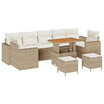 Afbeelding van vidaXL 10 delige Tuin Sofa Set met Kussens Beige Poly Rattan Acacia, 3 Eetset Acacia