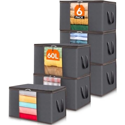 Afbeelding van Lifewit 6 pack Opbergtas voor Kleding, Opbergtassen Dekens, Dekbedden, Opvouwbare Kledingopslag met Versterkt Handvat, Stevige Ritssluiting, Kijkvenster, 60L, Grijs