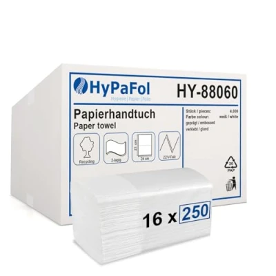 Afbeelding van Hypafol Papieren handdoeken, 4000 vellen, wit, 2 laags, 24 x 21 cm, praktische V vouw, voor handdoekdispenser in toiletten, kantoren, praktijken en studio&#039;s