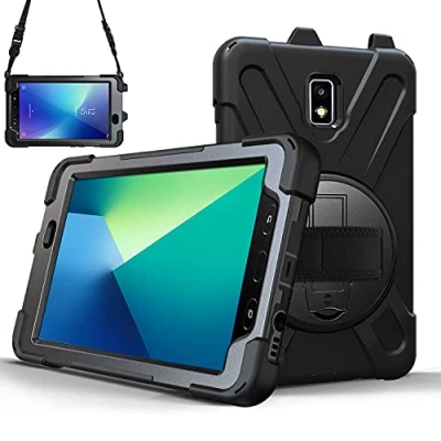 Afbeelding van TECHGEAR X Case past op Samsung Galaxy Tab Active 2 8 inch (SM T390 / SM T395) Stoere robuuste zware pantser schokbestendig impacthoesje met 360 draaibare standaard, polsband en schouderriem hoesje