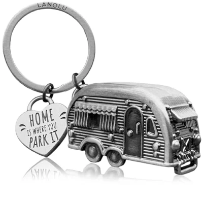Afbeelding van LANOLU Sleutelhanger caravan cadeau, camper cadeau voor de camping en camper, 3D aanhanger, accessoire van metaal, Vintage zilver.