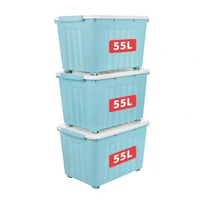 Afbeelding van Cetomo 55L x 3 opbergdozen met wielen, plastic opbergdoos deksel, vergrendelende gespen, kliksluiting, stapelbaar, nesten, duurzame organizer voor thuiskantoorkleding, blauw, 55 l, stuks