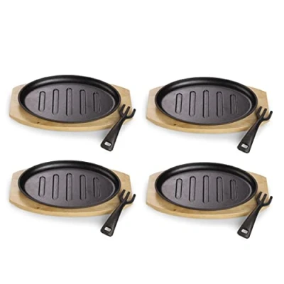 Afbeelding van ECHTWERK Serveerpan van gietijzer met grillstrips en serveerplank, afneembare handgreep, al ingebrand, geschikt voor oven, grill, BBQ inductie, 27 x Ø 17,5 cm, 4 delig