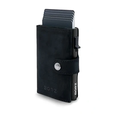 Afbeelding van BORZ Prime ® Slim Wallet met muntvak, compatibel AirTag, kaarthouder RFID bescherming, mini portemonnee, kaarthouder, portemonnee voor kaarten en biljetten van echt leer, heren dames,