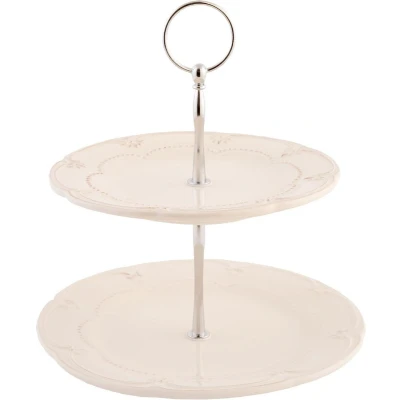 Afbeelding van Clayre &amp; Eef Etagère 2 laags 23 cm Beige Keramiek Rond Roosjes