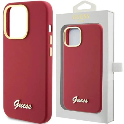 Afbeelding van Guess Silicone Script Metal Logo &amp; Frame hoesje voor iPhone 15 Pro rood