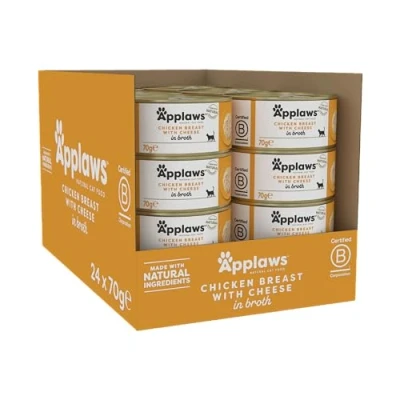 Afbeelding van Applaws 100% Natuurlijk Premium Kippenborst met Kaas Natvoer voor Volwassen Katten in Bouillon 24 x 70g Blikjes