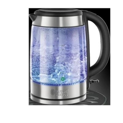 Afbeelding van Russell Hobbs Verlichtende 1.7L Elektrische Draadloze Glazen Waterkoker met zwart/geborsteld RVS accenten (Fast Boil 3KW, Wasbaar anti kalkfilter, Knop om deksel te openen, Perfecte schenktuit)