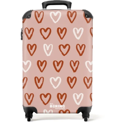 Afbeelding van NoBoringSuitcases.com® Kinderkoffer meisje Kindertrolley meisjes Hartjes patroon in roze en wit Handbagage koffer lichtgewicht Reiskoffer trolley kinderen Rolkoffer met wieltjes Past binnen 55x40x20 55x35x25