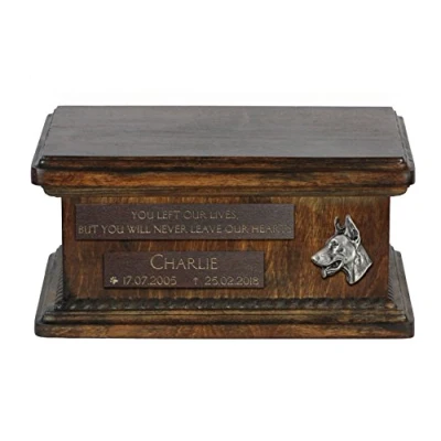 Afbeelding van Art Dog Custom Low Memorial Urn Handgemaakt koud gegoten bronzen portret op berkenbasis Gepersonaliseerde hondencrematiedoos 8,3x11,4x4,3 Dobermann