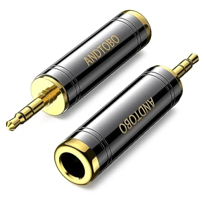 Afbeelding van 1/4 inch tot 3,5 mm stereo pure koperen koptelefoonadapter, ANDTOBO 1/8 plug mannelijk naar (6,35 mm) adapter voor hoofdtelefoon, amp adapter, zwart 2 pack