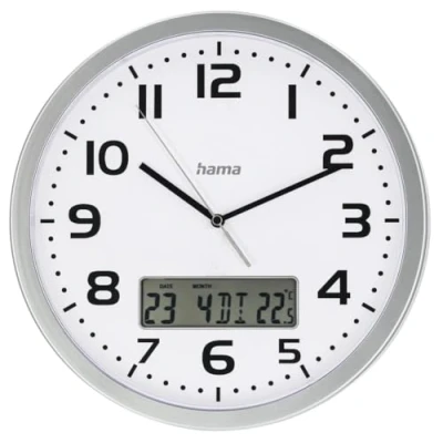 Afbeelding van Hama DCF wandklok &quot;Moorea&quot; met datum en temperatuurweergave, Ø 30 cm, zilver