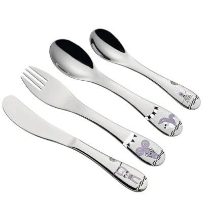 Afbeelding van cilio Kinderbestek PARTY 4 delig roestvrij staal ergonomische vorm kindermes 21 cm, kindervork kinderlepel 20 kleine lepel 17 cm diermotieven gegraveerd