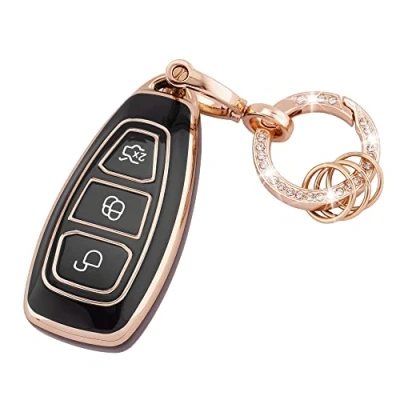 Afbeelding van Koaudb Autosleutel TPU Protector Fit voor Ford Fiesta Focus C Max Galaxy B Grand Kuga Mondeo S 3 Knoppen Keyless Sleutelhanger Case met Zwart Goud (R Frd B)